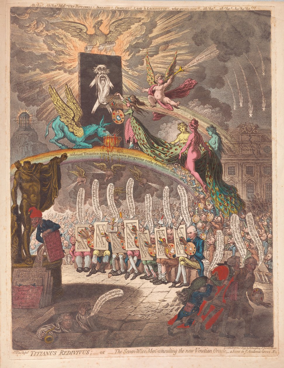 Titianus Redivivus lub Siedmiu Mędrców konsultujących się z nową Wyrocznią Wenecką, scena w Gaju Akademickim nr 1, wyd. 1797 (grawerowanie ręcznie kolorowane) autorstwa James Gillray