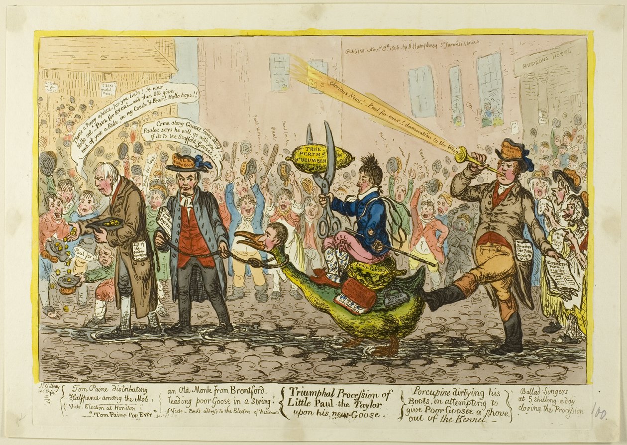 Triumfalna procesja Małego Pawła-The Taylora na jego nowej gęsi autorstwa James Gillray