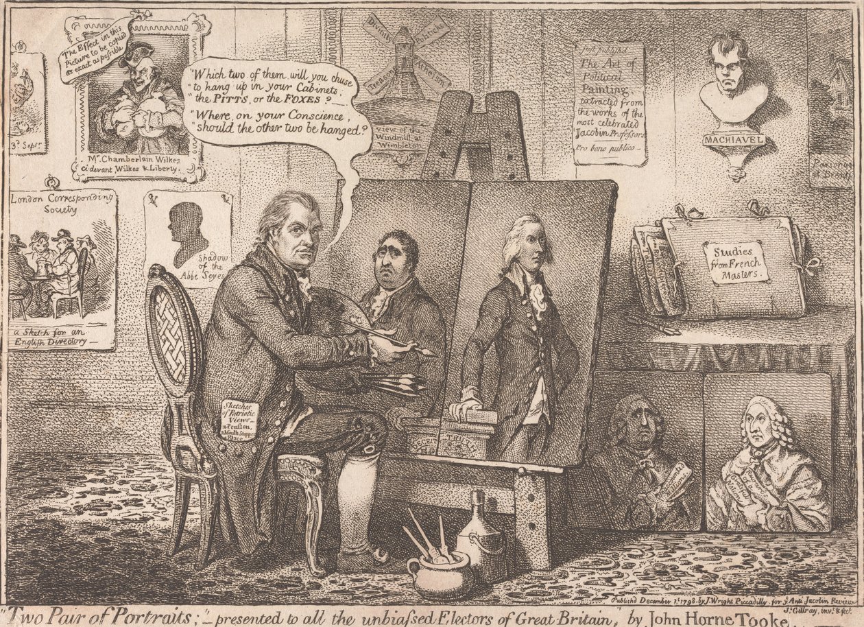 „Dwie pary portretów”; dedykowane wszystkim bezstronnym elektorom Wielkiej Brytanii autorstwa James Gillray