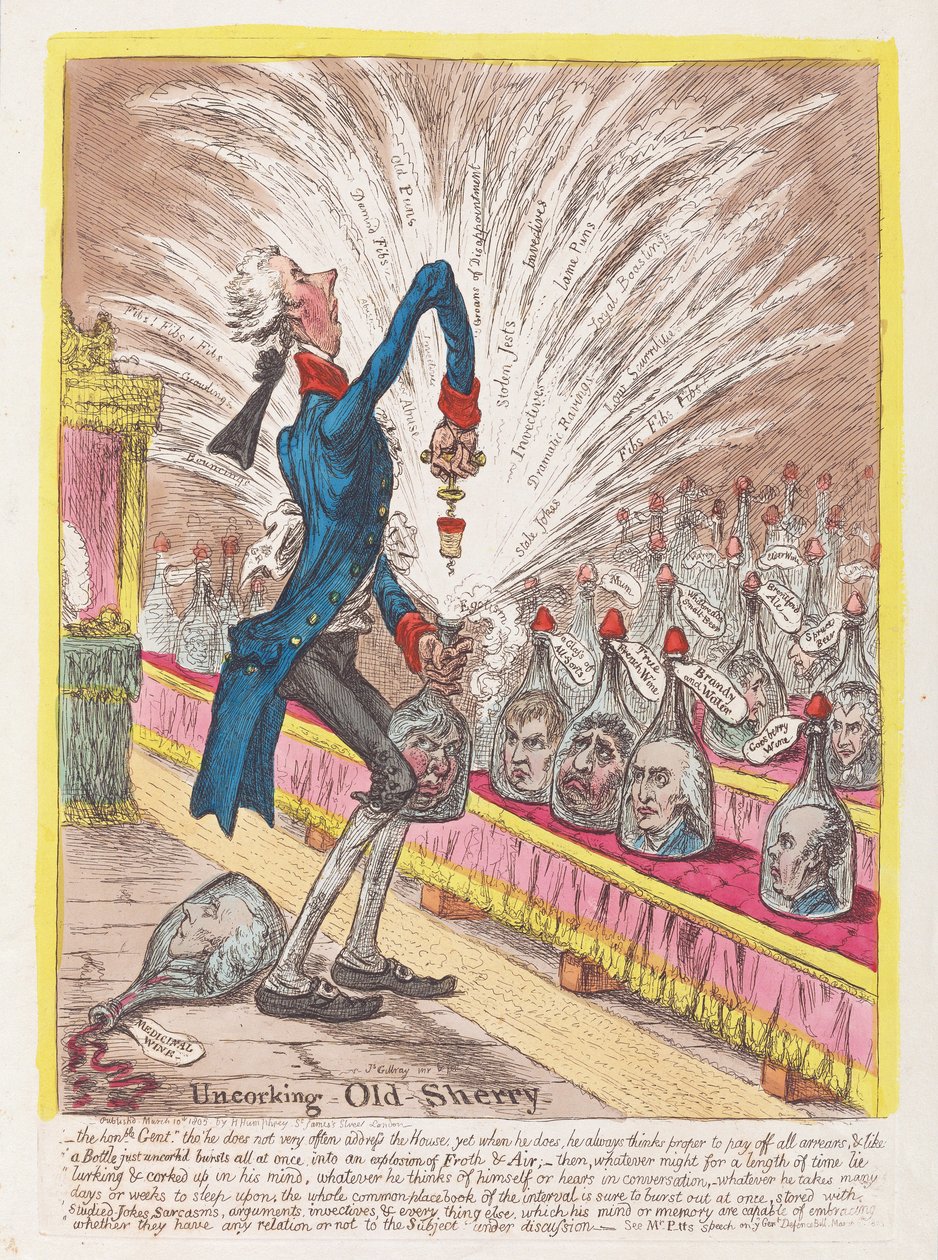 Odkorkowanie Old Sherry, wyd. 1805 (grawerowanie ręcznie kolorowane) autorstwa James Gillray