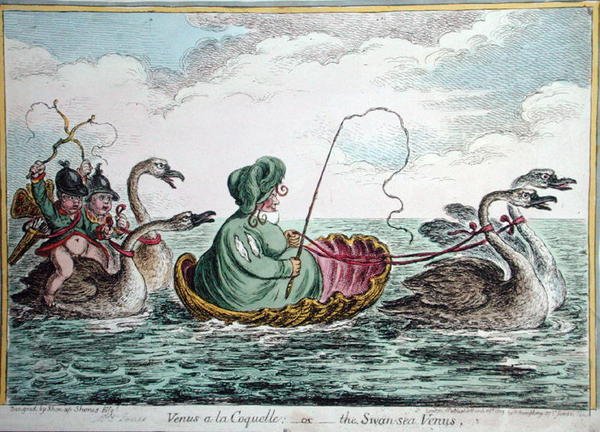 Venus a la Coquelle lub The Swan Sea Venus, opublikowana przez Hannah Humphrey w 1809 r. (akwaforta ręcznie kolorowana) autorstwa James Gillray