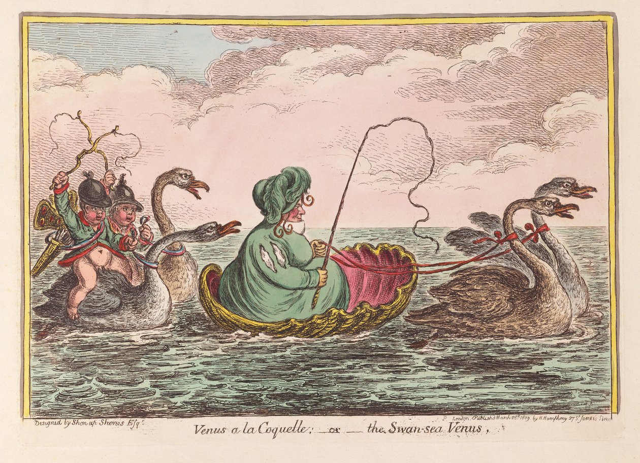 Wenus a la Coquelle; lub Wenus z Morza Łabędziego, wyd. 1809 (grawerowanie ręcznie kolorowane) autorstwa James Gillray