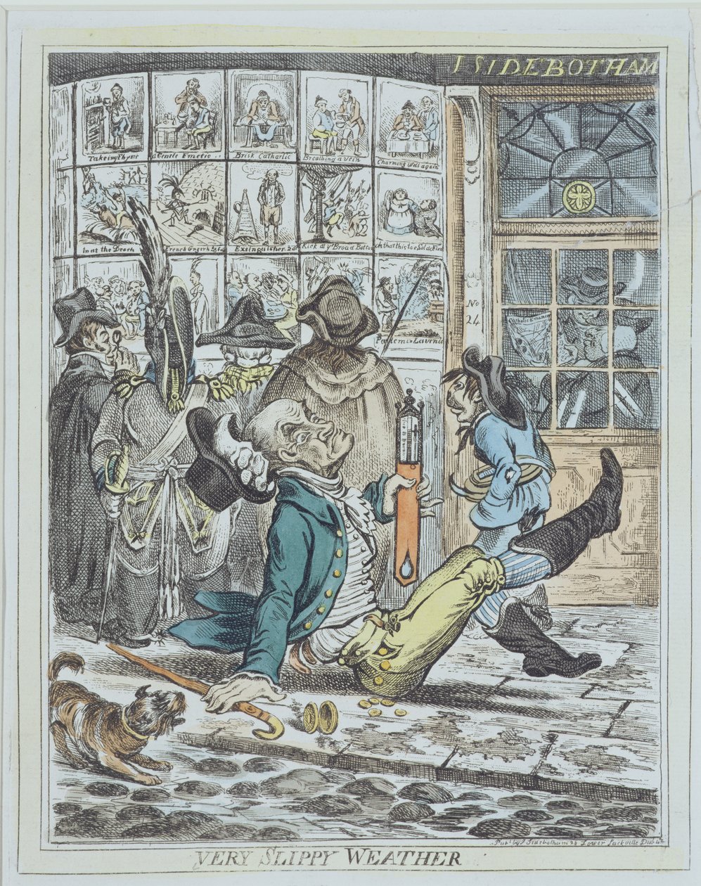 Very Slippy Weather, grawerowane przez J. Sidebotham (kolor lito) autorstwa James Gillray