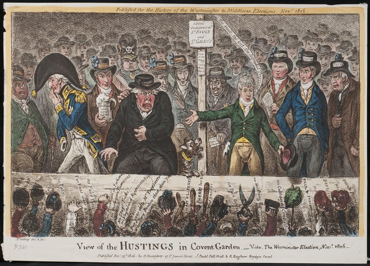 Widok Hustingów w Covent Garden – Vide. Wybory w Westminsterze, listopad 1806 autorstwa James Gillray
