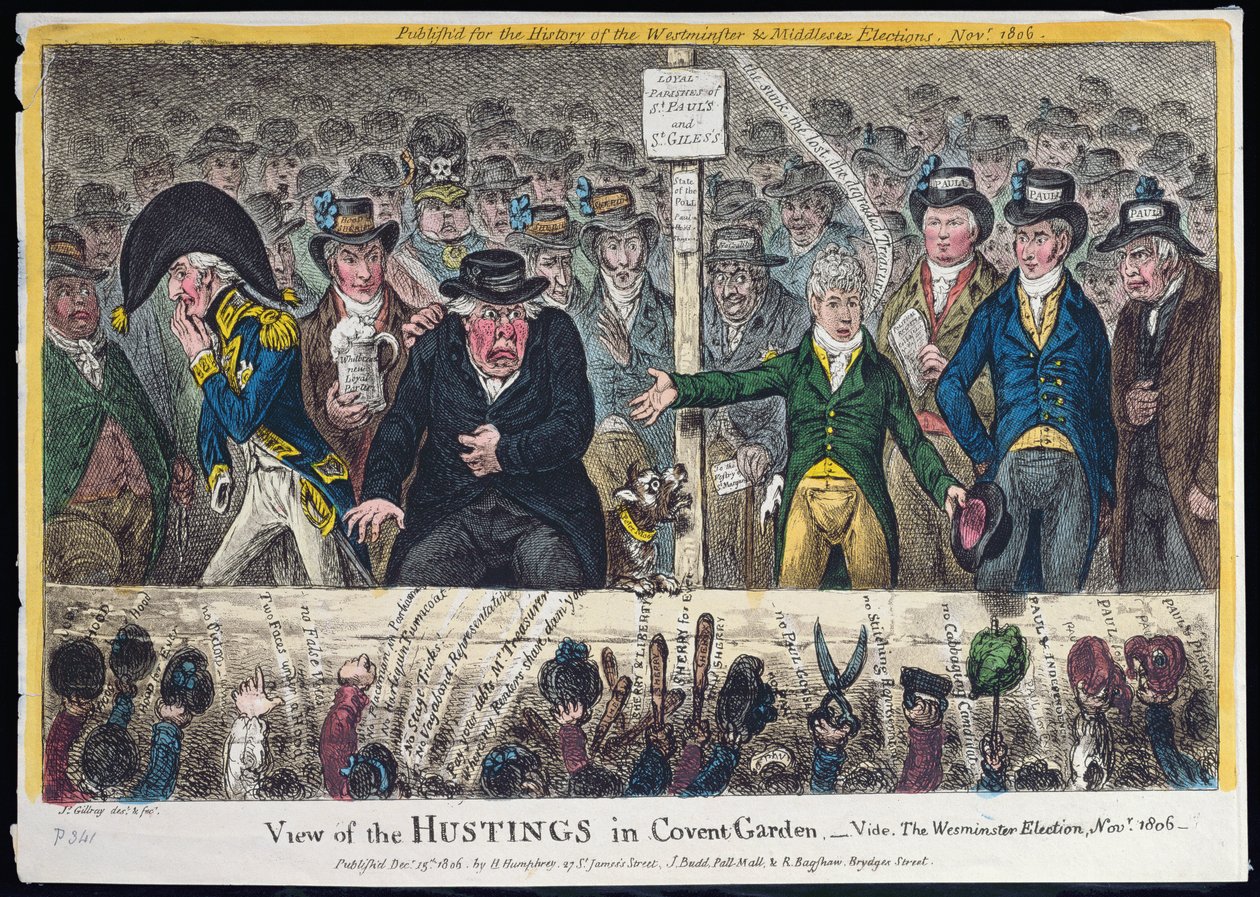Widok Hustingów w Covent Garden, opublikowany przez Hannah Humphrey w 1806 r. (ręczna akwaforta z akwatintą) autorstwa James Gillray