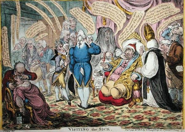 Wizyta u chorych, wydana przez Hannah Humphrey w 1806 r. (akwaforta ręcznie kolorowana) autorstwa James Gillray