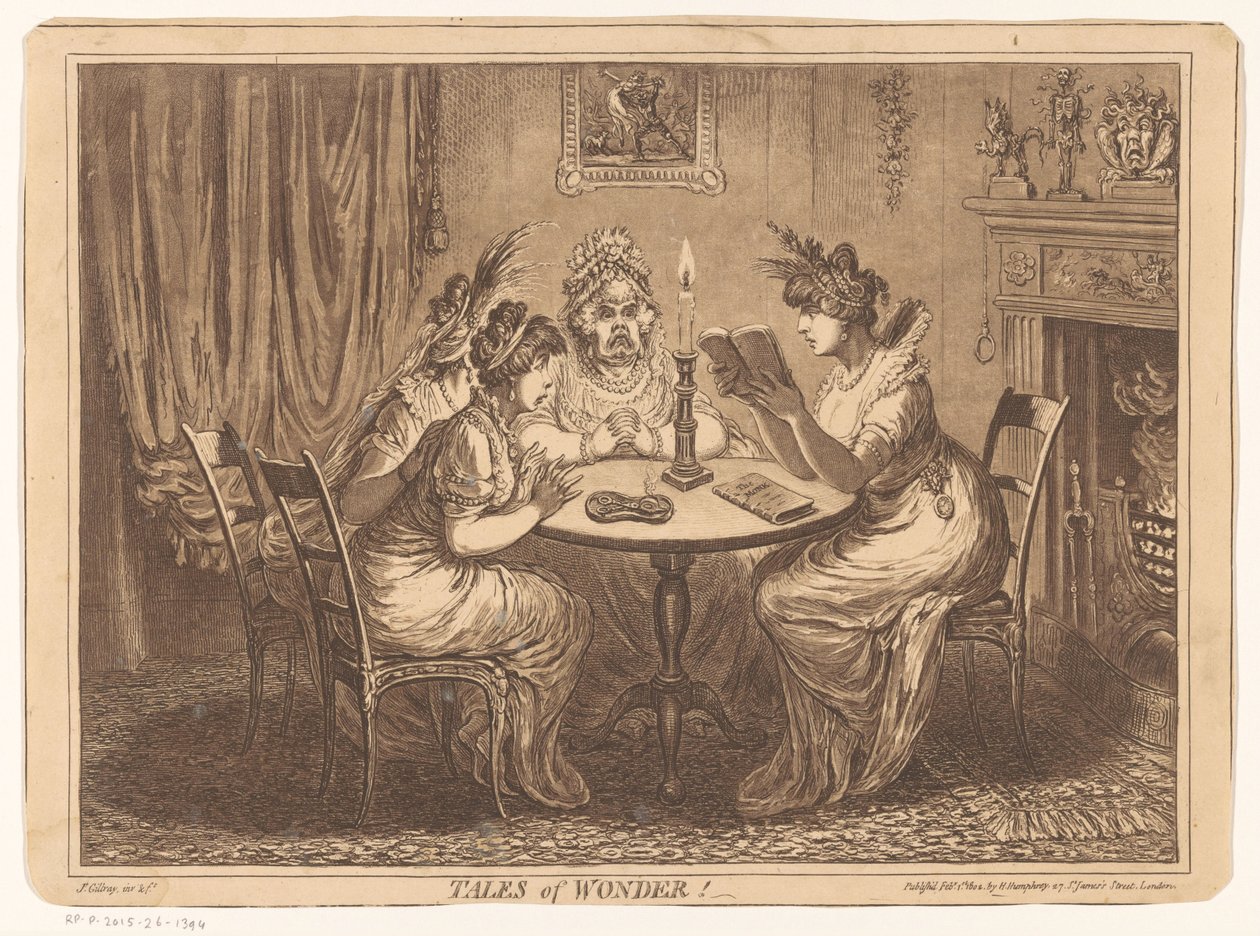 Kobieta czyta powieść grozy Opowieści cudów! (tytuł na obiekcie) autorstwa James Gillray