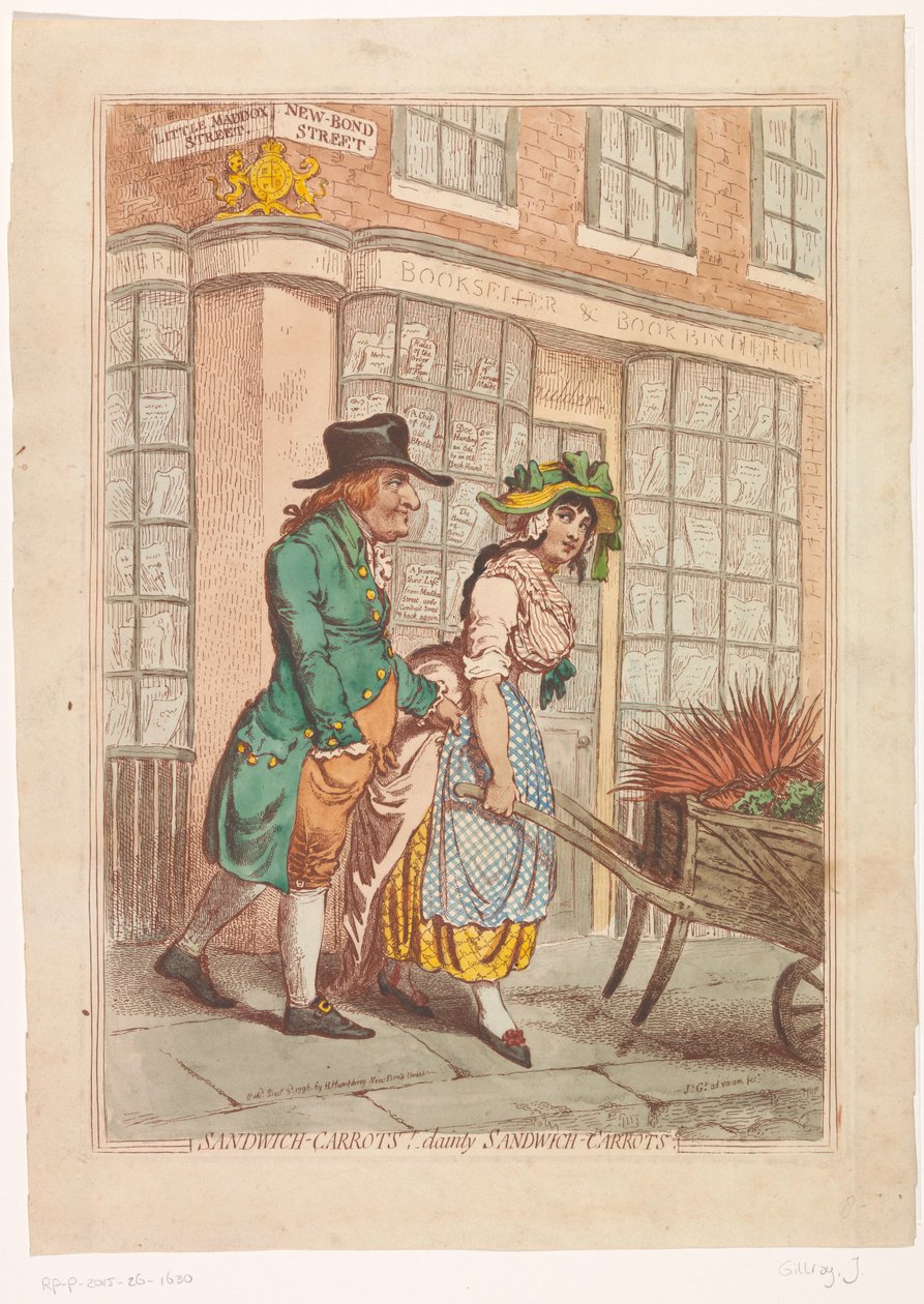 Kobieta z taczką z korzeniami przed witryną księgarni Roberta Fauldera w Londynie Marchewki Kanapkowe! delikatna kanapka-marchew (tytuł na obiekcie) autorstwa James Gillray