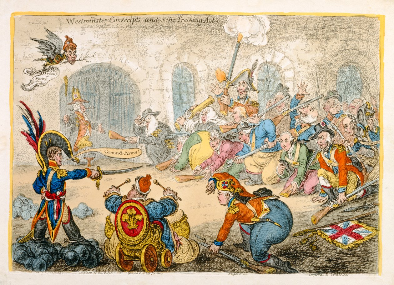 Westminster Conscripts under the Training Act, opublikowane przez Hannah Humphrey w 1806 r. (akwaforta ręcznie kolorowana) autorstwa James Gillray