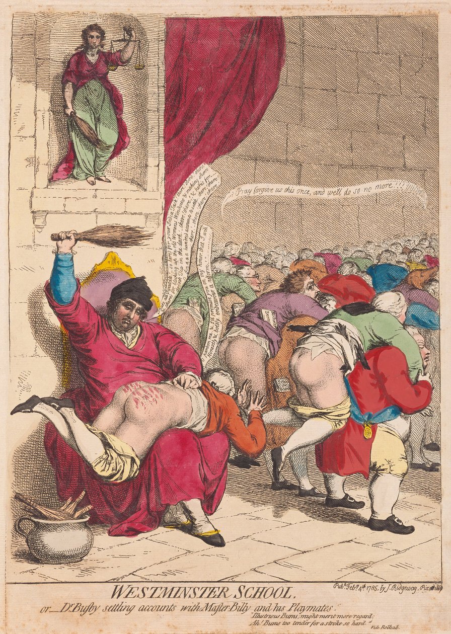 Westminster School lub Dr Busby rozliczający się z Mistrzem Billym i jego towarzyszami zabaw, pub. 1785 (grawerowanie ręcznie kolorowane) autorstwa James Gillray