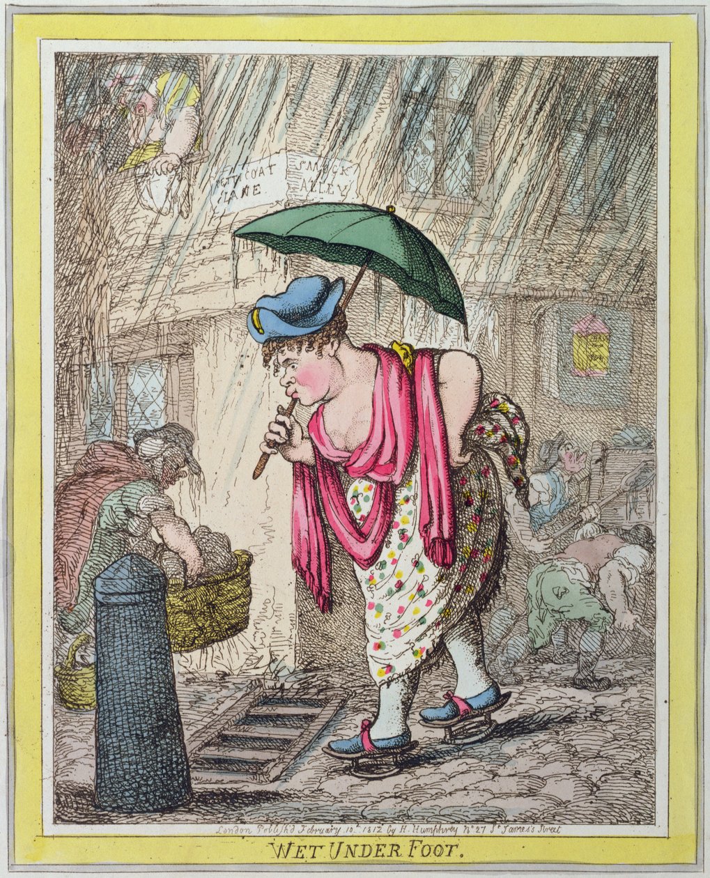 Wet Under Foot, wydana przez Hannah Humphrey w 1812 r. (akwaforta ręcznie kolorowana) autorstwa James Gillray