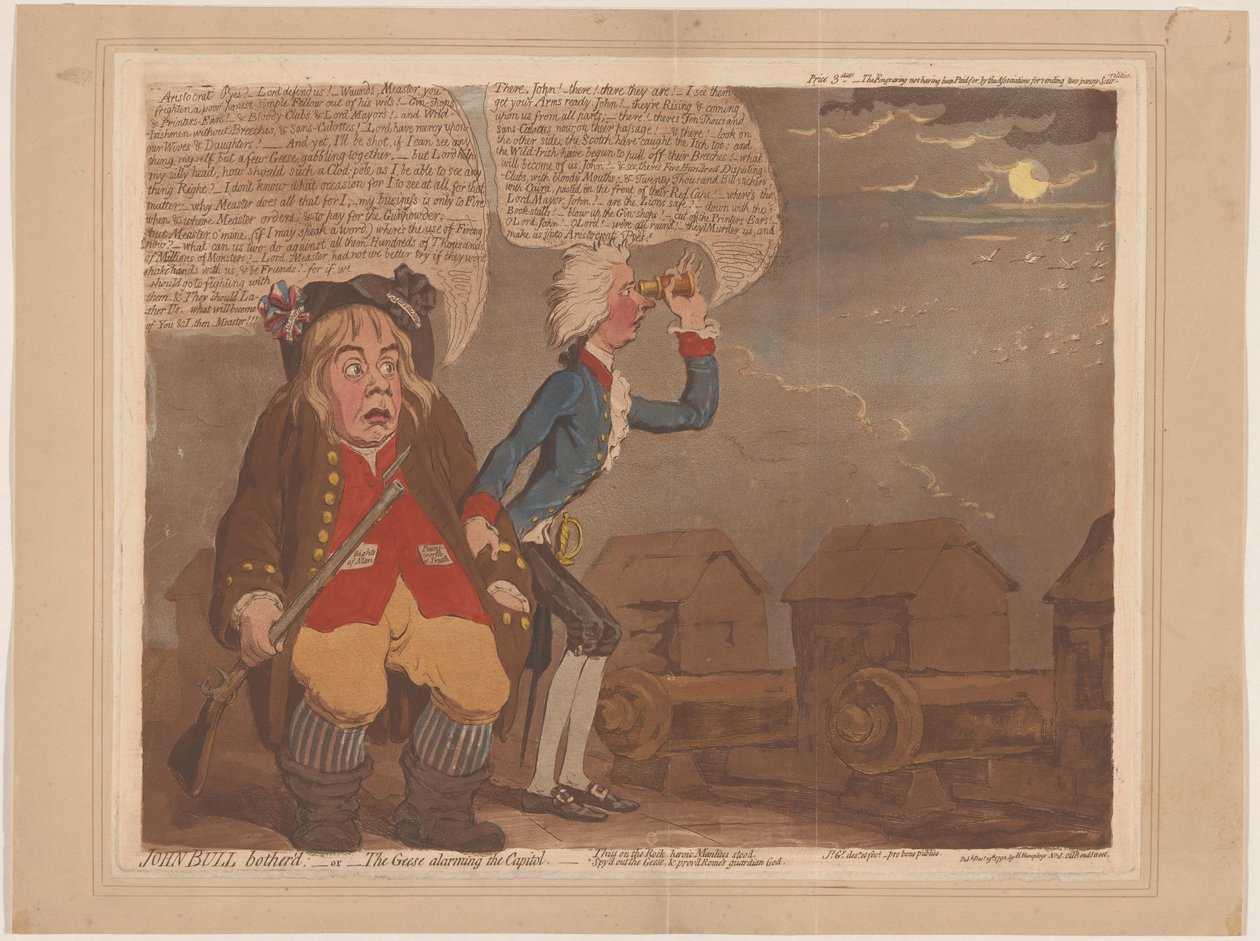 William Pitt i John Bull obawiają się inwazji John Bull przejmował się:-albo-gęsi alarmujące Kapitol (tytuł na obiekcie) autorstwa James Gillray