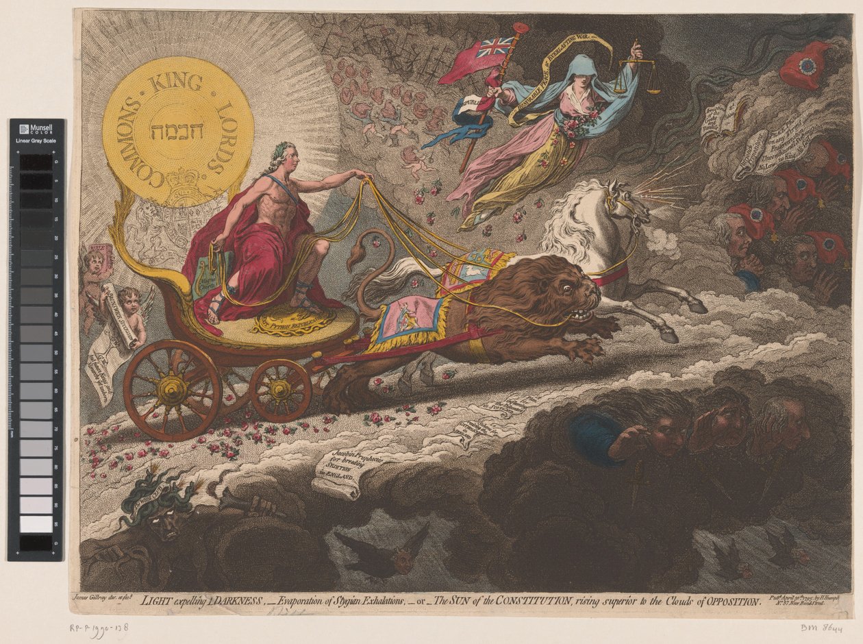 William Pitt verdrijft de duistere krachten, 1795 Światło Wypędzające ciemność, - parowanie stygijskich wydechów, -lub- Słońce konstytucji, wznoszące się ponad chmury opozycji (tytuł na obiekcie) autorstwa James Gillray