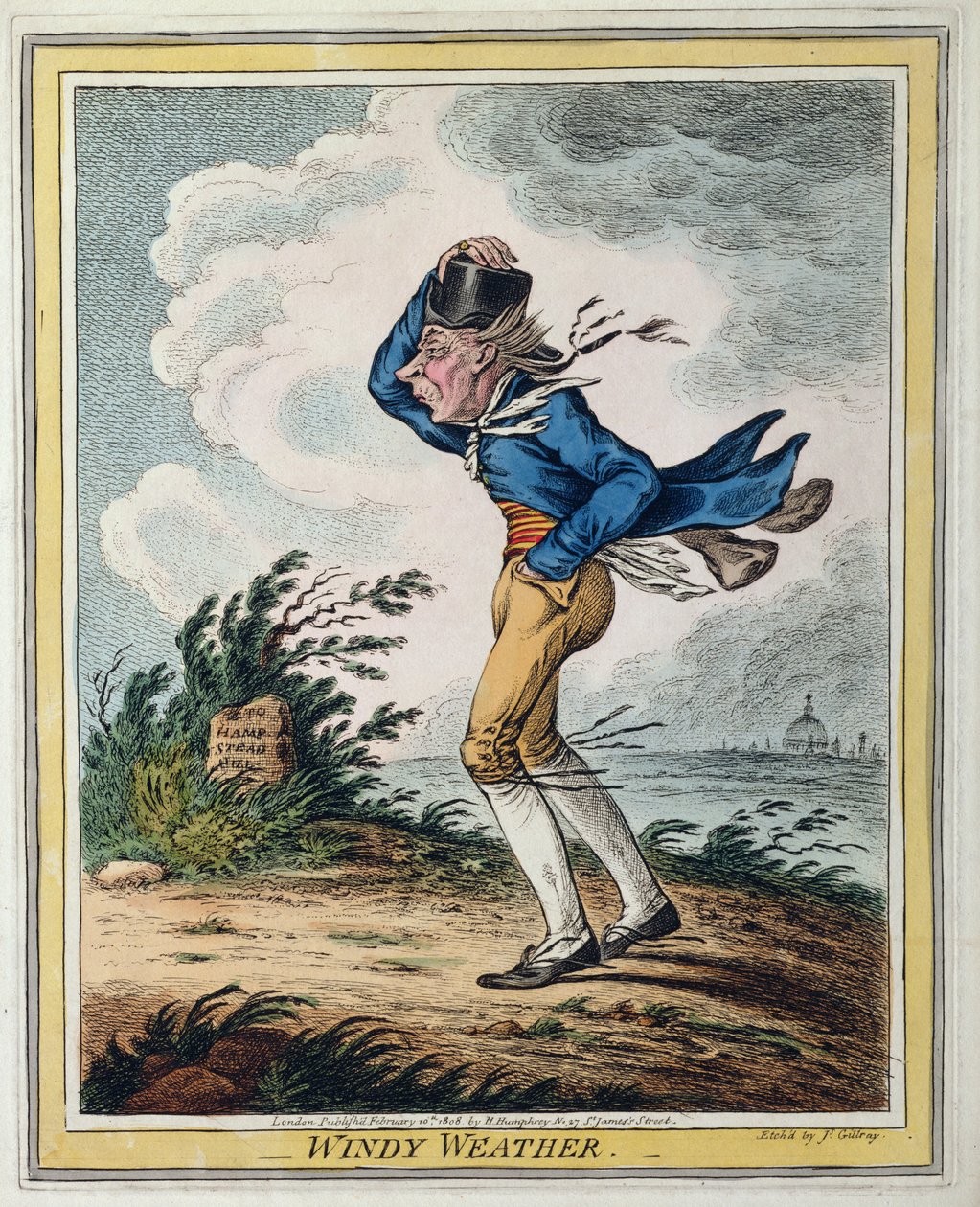 Windy Weather, opublikowana przez Hannah Humphrey w 1808 r. (akwaforta ręcznie kolorowana) autorstwa James Gillray