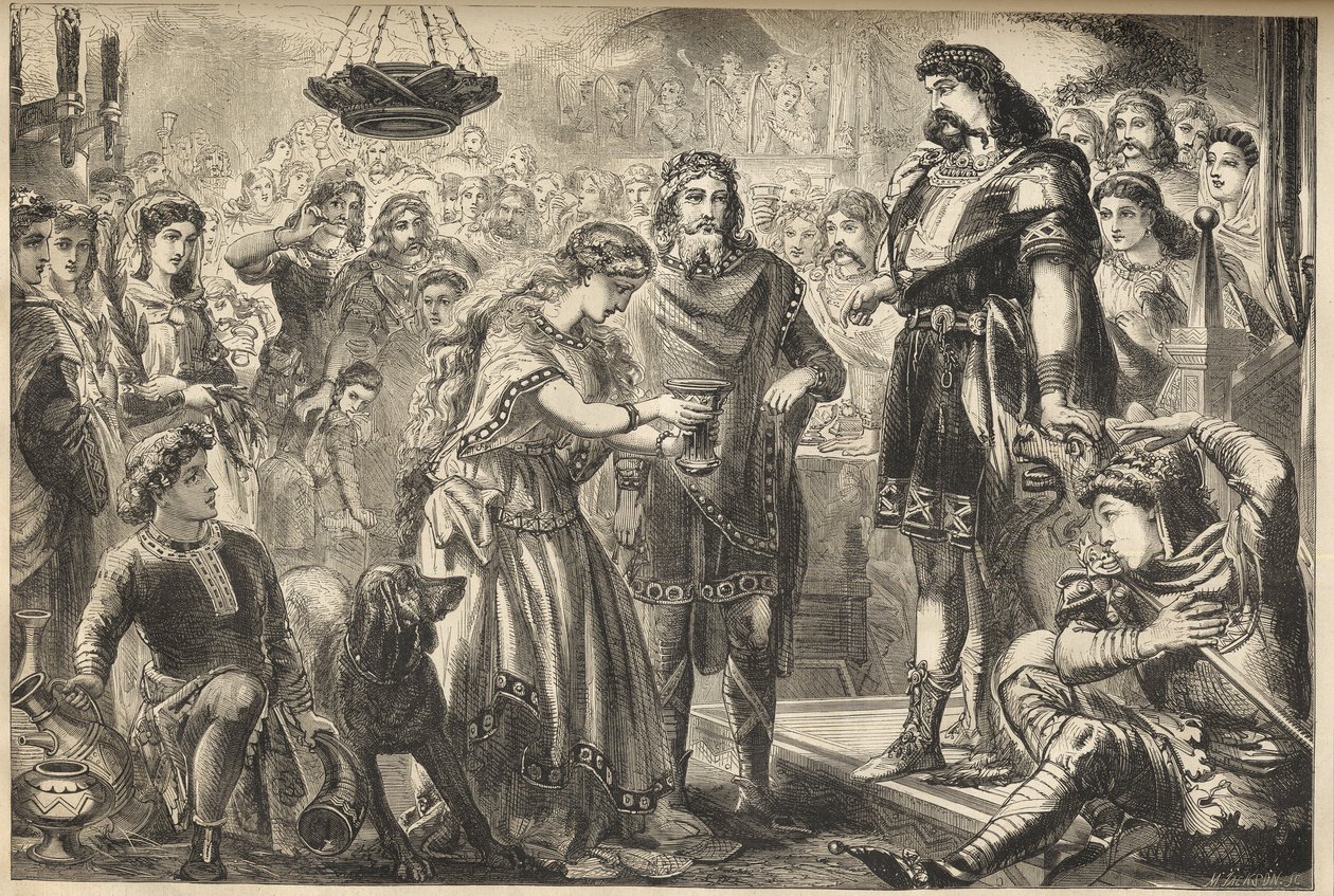 Vortigern (Gwrtheyrn) (V w.) Król Bretonów i Rowena - Rowena, córka Hengista, ofiarowuje wino Vortigernowi, plemiennemu królowi Brytyjczyków - Vortigern, król Brytanii, zakochany w Rowenie na bankiecie Hengista, generała saskiego - grawerować autorstwa James Godwin