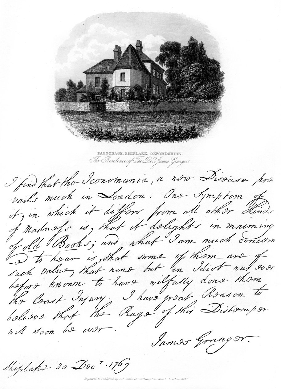 List od wielebnego Jamesa Grangera i widok jego rezydencji w Shiplake, 1769, 1840 autorstwa James Granger