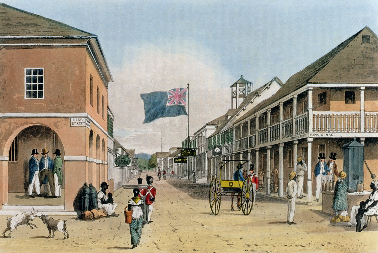 Widok na Harbour Street, Kingston, Jamajka, z „Malowniczej wycieczki po wyspie Jamajka”, grawerowanego przez Thomasa Sutherlanda autorstwa James Hakewill