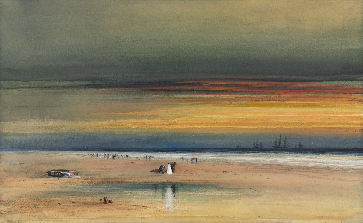 Scena na plaży o zachodzie słońca, ok. 1865-1870 (akwarela i gwasz) autorstwa James Hamilton