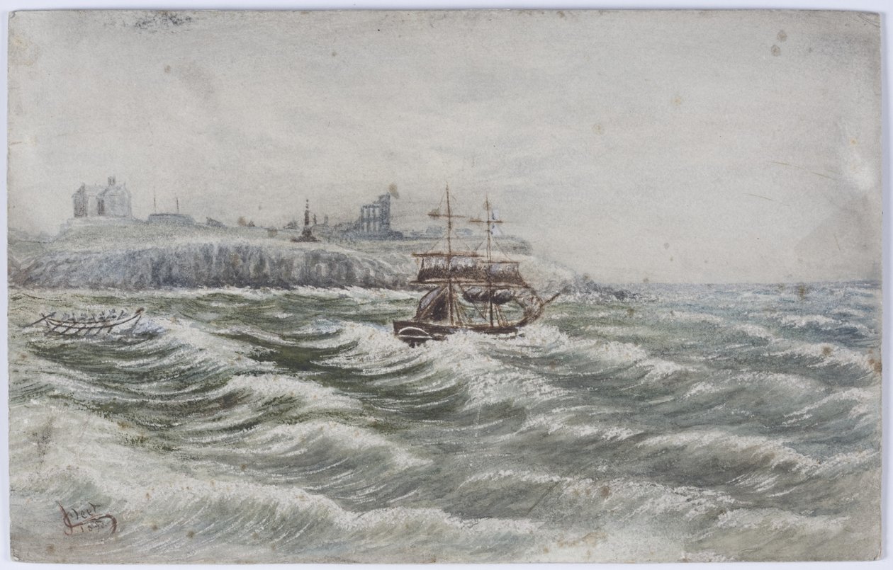 Wyrzucenie na brzeg statku Beloy of Littlehampton i utrata załogi łodzi ratunkowej na rzece Tyne (akwarela, akwarela i wydrapywanie na papierze) autorstwa James Henry Cleet