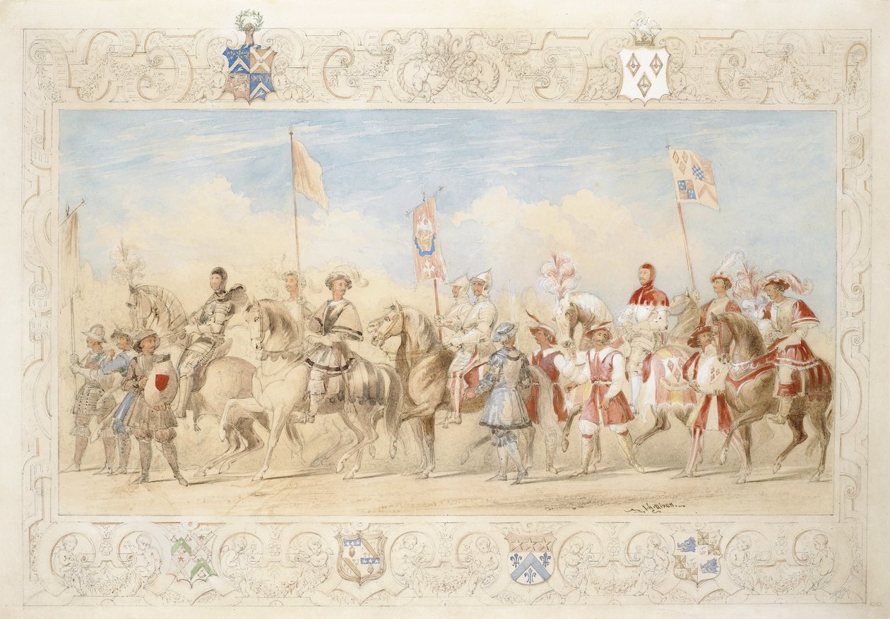 Walter Little Gilmour Esq., Czarny rycerz i Hon. Edward Stafford Jerningham, Rycerz Łabędzi, 1839 (ołówek, toaleta i gwasz na papierze) autorstwa James Henry Nixon