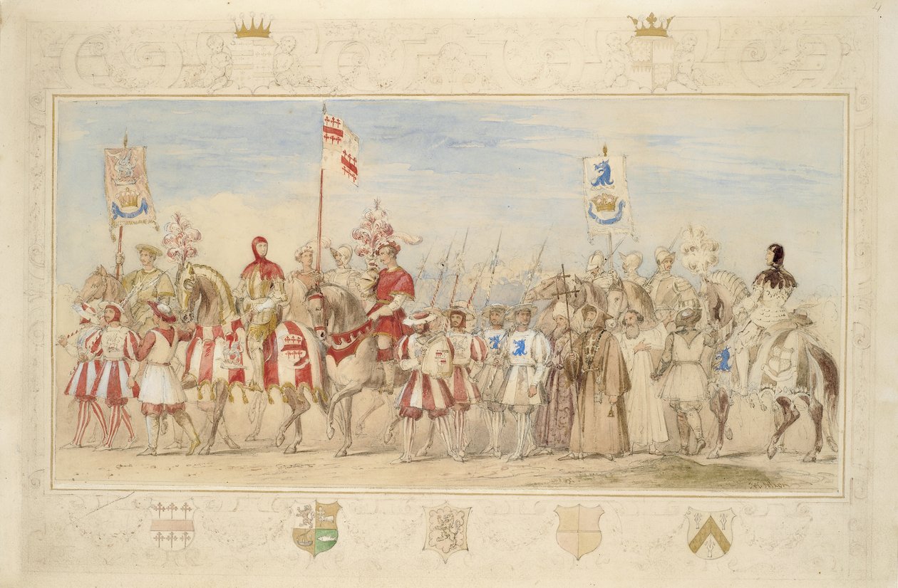 William Earl of Craven, Rycerz Gryfa i Henry de la Poer Beresford, markiz Waterford, Rycerz Smoka, 1839 (ołówek, toaleta, gwasz i złota farba na papierze) (patrz także 366230) autorstwa James Henry Nixon