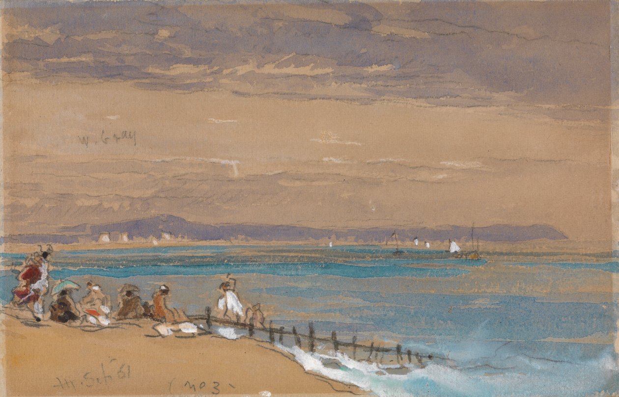 Plażowa scena z postaciami przy falochronie autorstwa James Holland