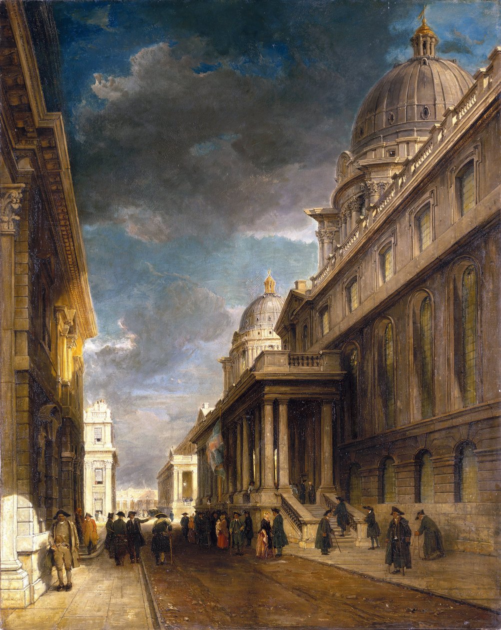 Szpital Greenwich (Anglia) (obecnie College Walk), widziany z zachodu w kierunku Grand Square. Olej na płótnie autorstwa James Holland