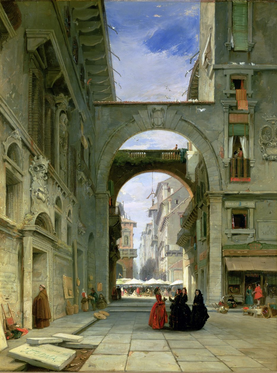Piazza dei Signori w Weronie z rynkiem, 1844 autorstwa James Holland