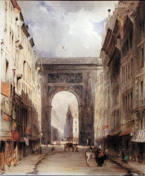 Rue Vivienne i Porte St. Denis, Paryż, ok. 1830 (akwarela na papierze) autorstwa James Holland