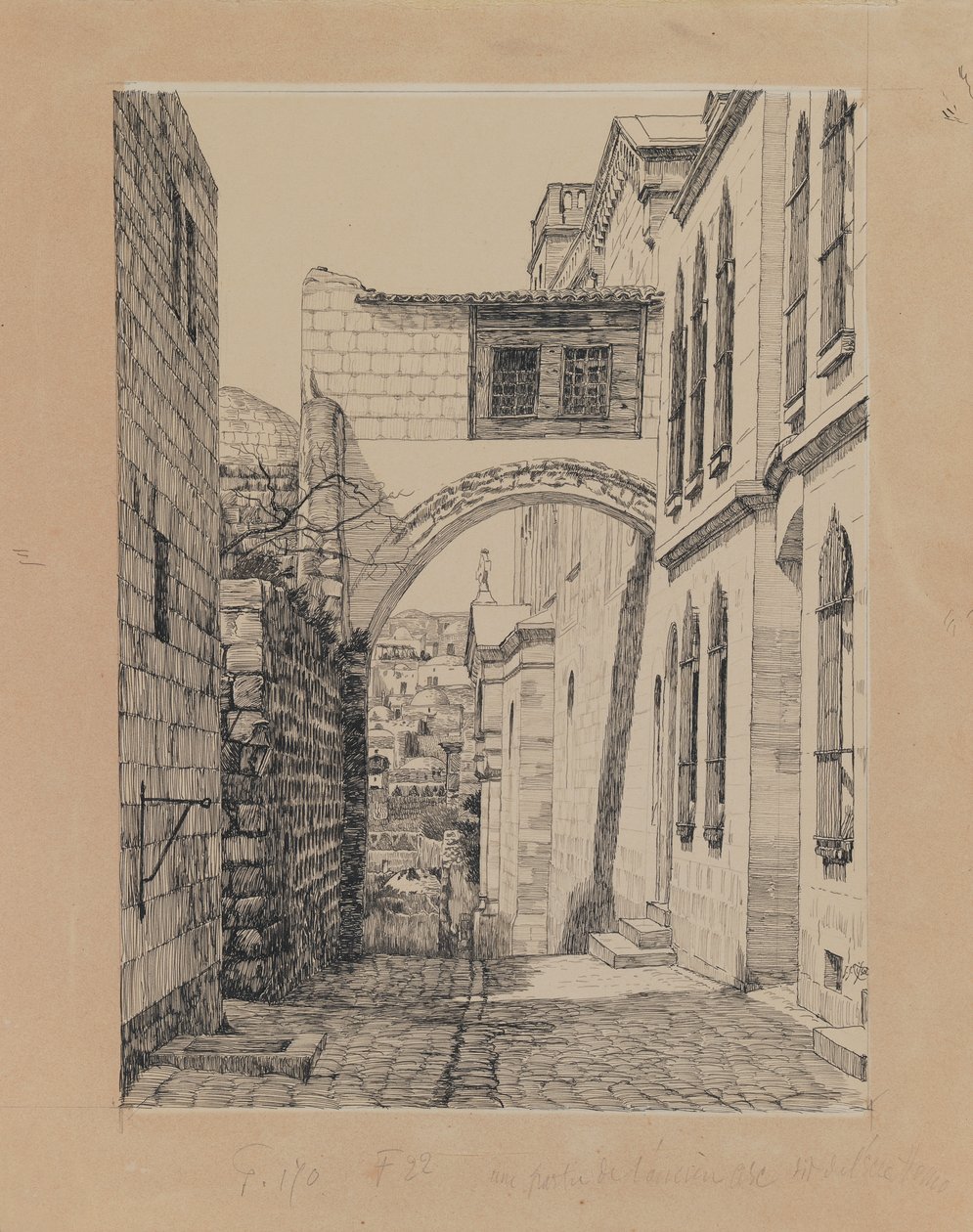 Fragment starożytnego łuku o nazwie Ecce Homo, ilustracja z Życia naszego Pana Jezusa Chrystusa (tusz i grafit na tekturze) autorstwa James Jacques Joseph Tissot
