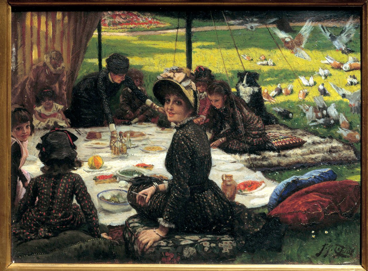 Śniadanie na trawie Scena pikniku rodzinnego. Obraz Jacquesa Josepha (Jacques-Joseph) Tissot dit James Tissot (1836-1902) autorstwa James Jacques Joseph Tissot