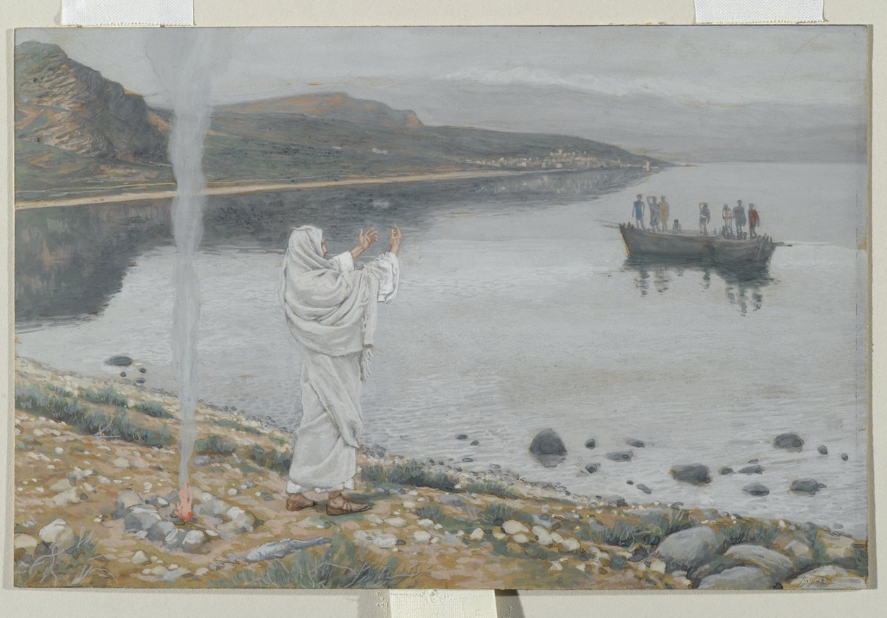 Chrystus ukazuje się nad brzegiem Jeziora Tyberiadzkiego, ilustracja z Życia naszego Pana Jezusa Chrystusa, 1886-94 (wc nad grafitem na papierze) autorstwa James Jacques Joseph Tissot