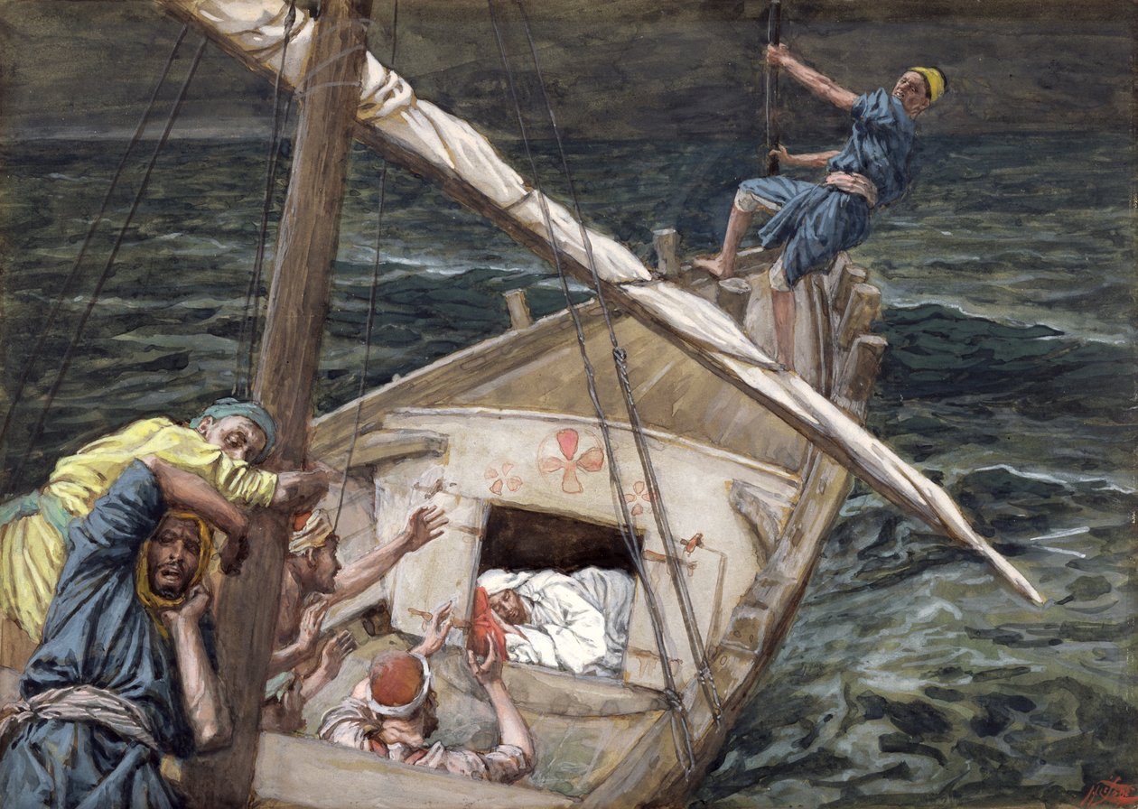 Chrystus śpi podczas burzy, ilustracja do Życia Chrystusa, ok. 1886-1894 (toaleta i gwasz na tekturze) autorstwa James Jacques Joseph Tissot