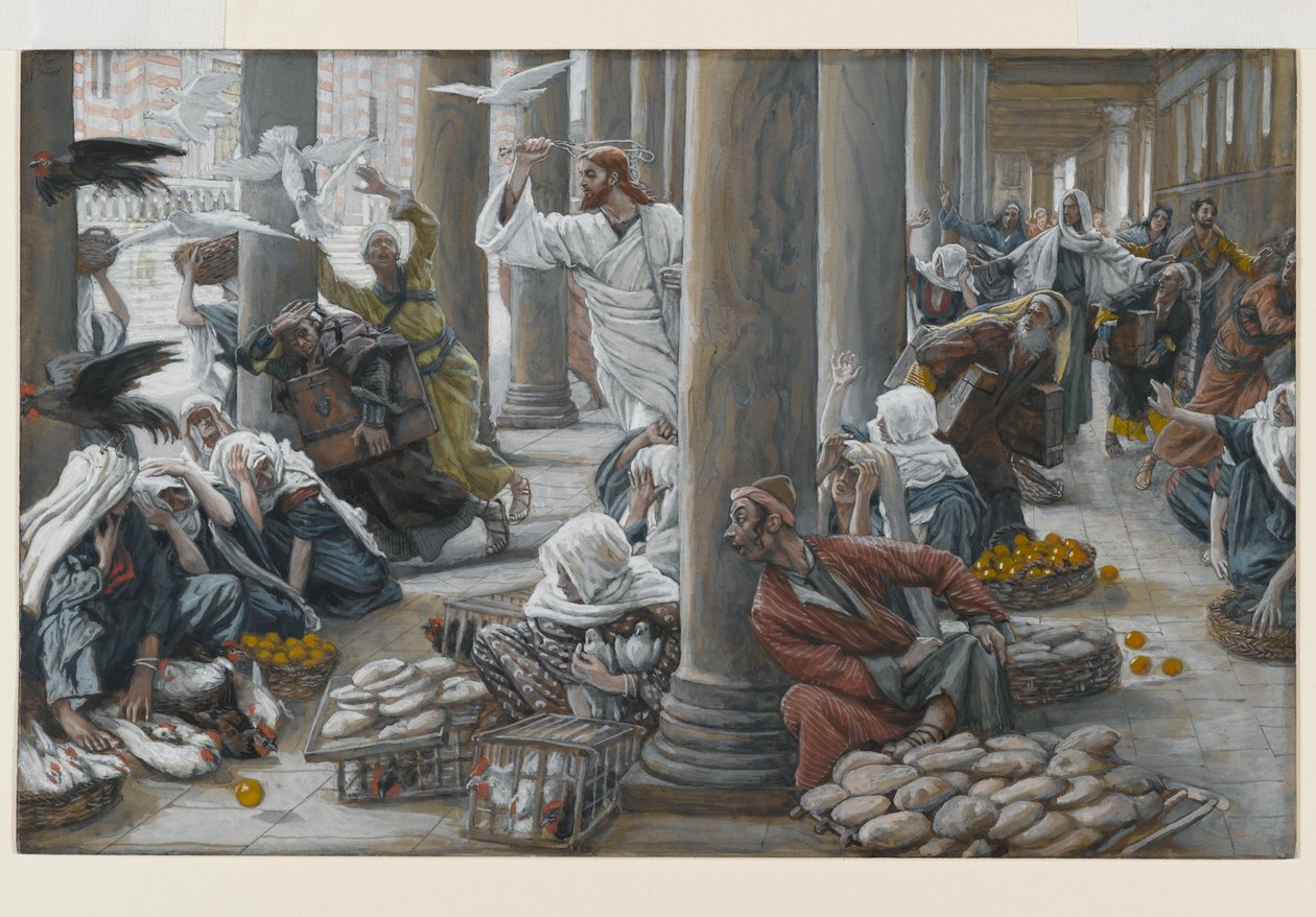 Chrystus wypędza tych, którzy sprzedali i kupili ze świątyni, ilustracja do Życia Chrystusa, ok. 1884-96 (toaleta i gwasz na tekturze) autorstwa James Jacques Joseph Tissot