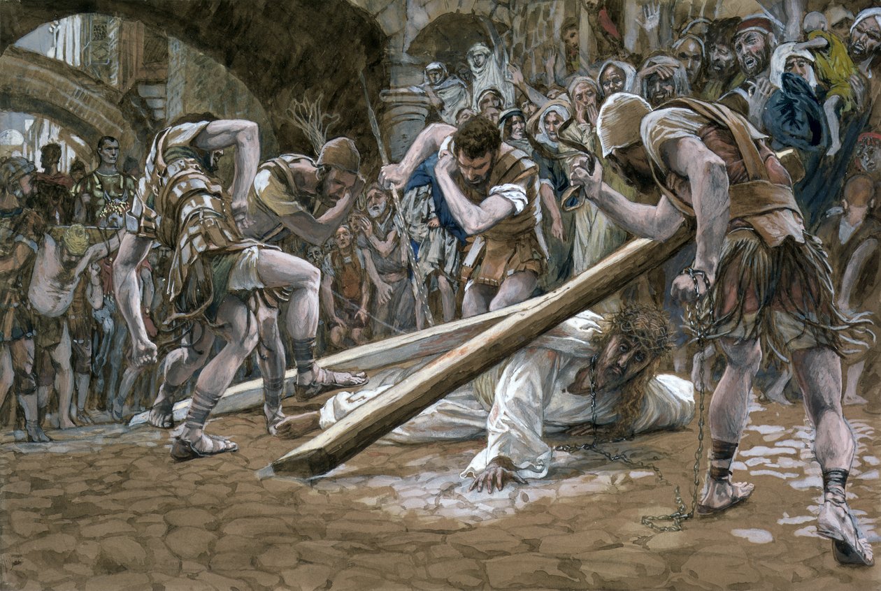 Chrystus upada pod krzyżem, ilustracja do życia Chrystusa, ok. 1884-96 (toaleta i gwasz na tekturze) autorstwa James Jacques Joseph Tissot