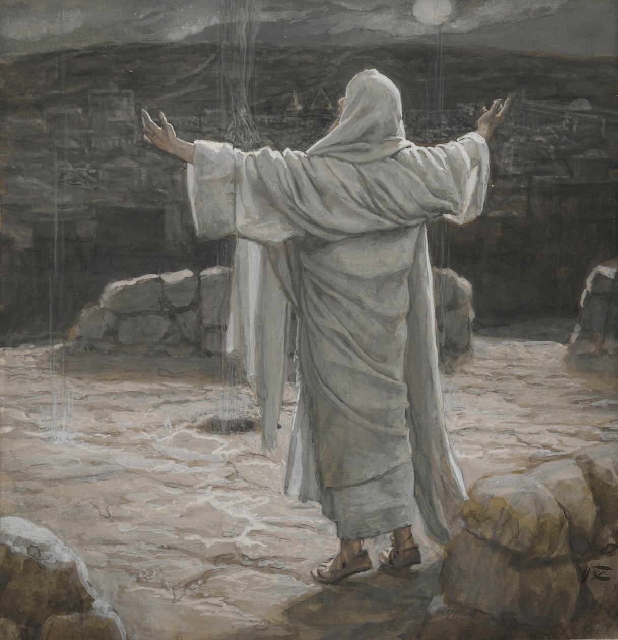 Chrystus wycofuje się w góry nocą, ilustracja z Życia naszego Pana Jezusa Chrystusa, 1886-94 (wc nad grafitem na papierze) autorstwa James Jacques Joseph Tissot