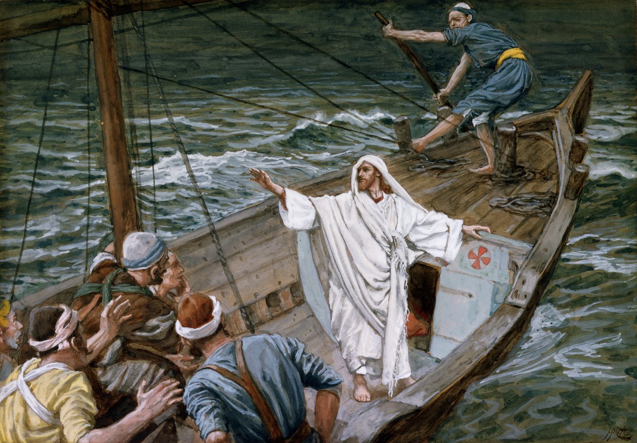 Chrystus ucisza burzę, ilustracja do Życia Chrystusa, ok. 1886-94 (toaleta i gwasz na tekturze) autorstwa James Jacques Joseph Tissot