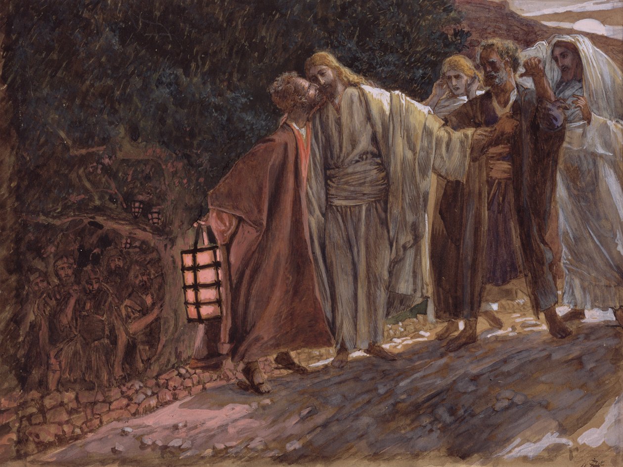 Zdrowaś Mistrzu, a on go pocałował, ilustracja do Życia Chrystusa, ok. 1886-94 (toaleta i gwasz na tekturze) autorstwa James Jacques Joseph Tissot