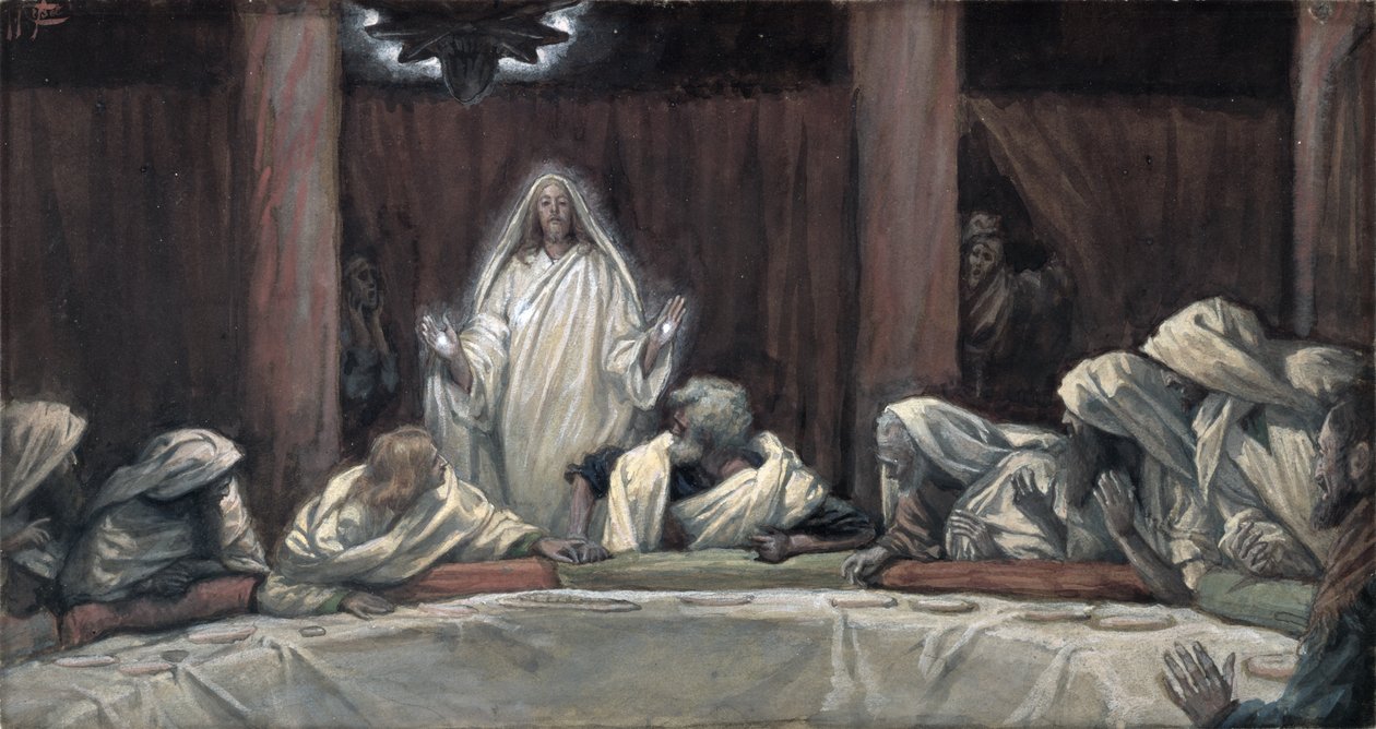 Pojawił się jedenastu, gdy siedzieli przy mięsie, ilustracja z Życia Chrystusa, ok. 1884-96 (toaleta i gwasz na tekturze) autorstwa James Jacques Joseph Tissot