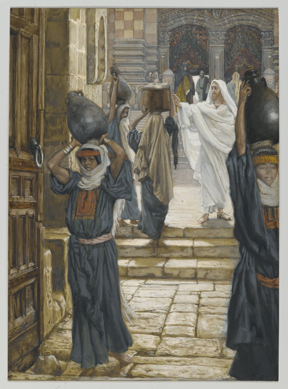 Jezus zabrania noszenia ciężarów na dziedzińcu świątyni, ilustracja z Życia naszego Pana Jezusa Chrystusa, 1886-94 (wc nad grafitem na papierze) autorstwa James Jacques Joseph Tissot