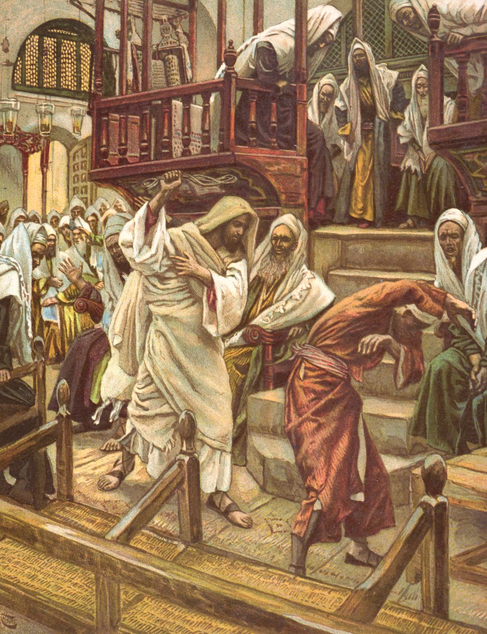 Jezus uzdrawia człowieka opętanego przez demona w synagodze, ilustracja do książki "La Vie de notre Seigneur Jesus-Christ", wydanej w Tours w 1896 r. autorstwa James Jacques Joseph Tissot