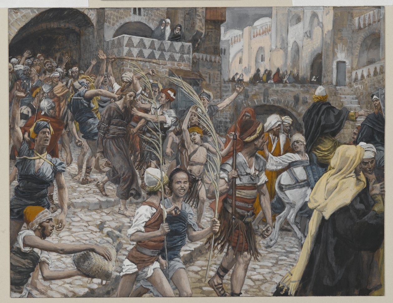 Jezus prowadzony od Kajfasza do Piłata, ilustracja z Życia naszego Pana Jezusa Chrystusa, 1886-94 (wc nad grafitem na papierze) autorstwa James Jacques Joseph Tissot