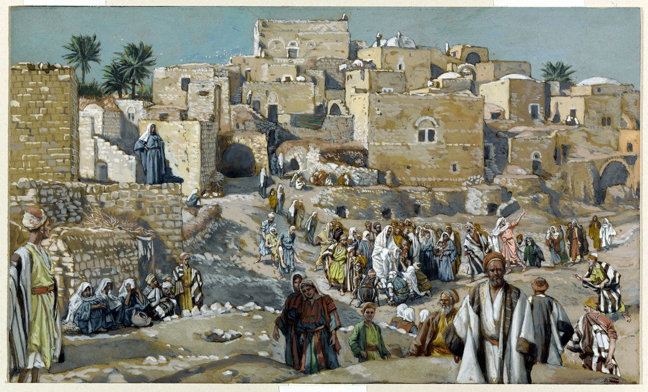 Jezus przechodzący przez wioski w drodze do Jerozolimy, ilustracja do Życia Chrystusa, ok. 1884-96 (toaleta i gwasz na tekturze) autorstwa James Jacques Joseph Tissot