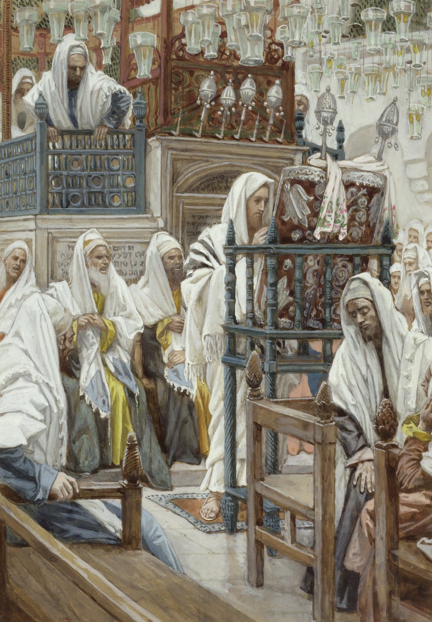 Jezus rozwija księgę w synagodze, ilustracja do Życia Chrystusa, ok. 1886-96 (wc na papierze) autorstwa James Jacques Joseph Tissot