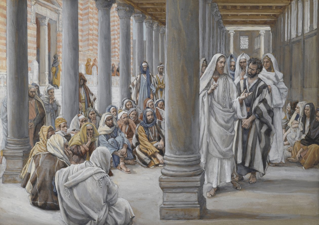 Jezus chodzi w portyku Salomona, ilustracja z Życia naszego Pana Jezusa Chrystusa, 1886-96 (wc nad grafitem na papierze) autorstwa James Jacques Joseph Tissot
