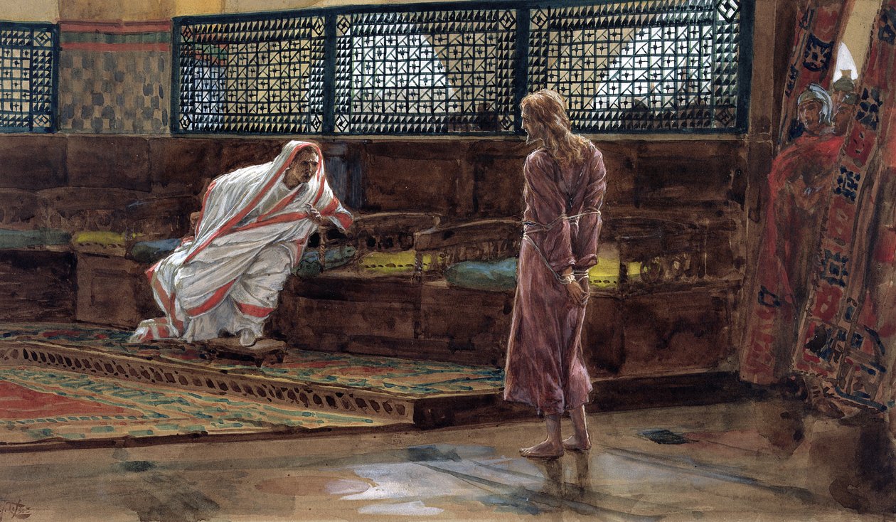 Jezus po raz pierwszy przed Piłatem, ilustracja do Życia Chrystusa, ok. 1886-94 (toaleta i gwasz na tekturze) autorstwa James Jacques Joseph Tissot