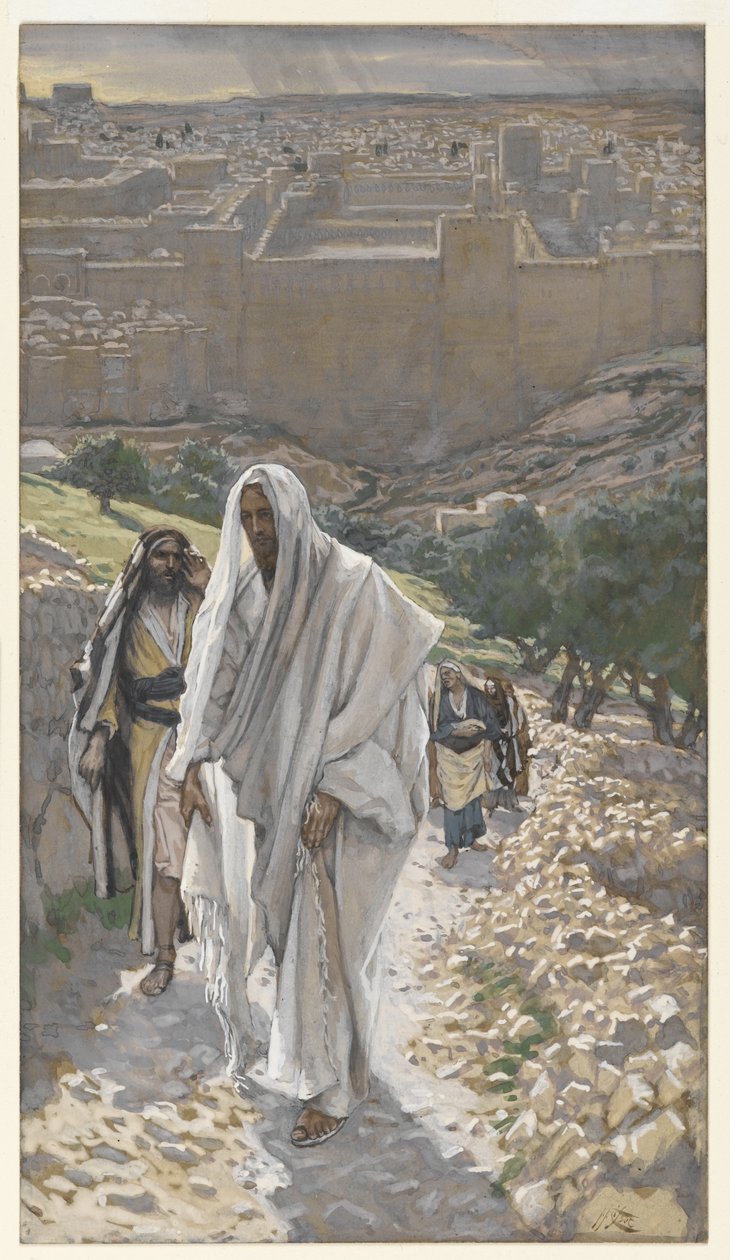 Jezus idzie wieczorem do Betanii, ilustracja z Życia Pana naszego Jezusa Chrystusa, 1886-94 (wc nad grafitem na papierze) autorstwa James Jacques Joseph Tissot
