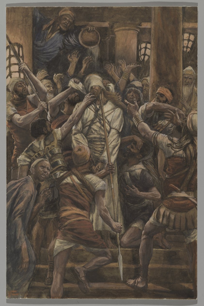 Maltretowania w Domu Kajfasza, ilustracja z Życia Pana naszego Jezusa Chrystusa, 1886-94 (wc nad grafitem na papierze) autorstwa James Jacques Joseph Tissot