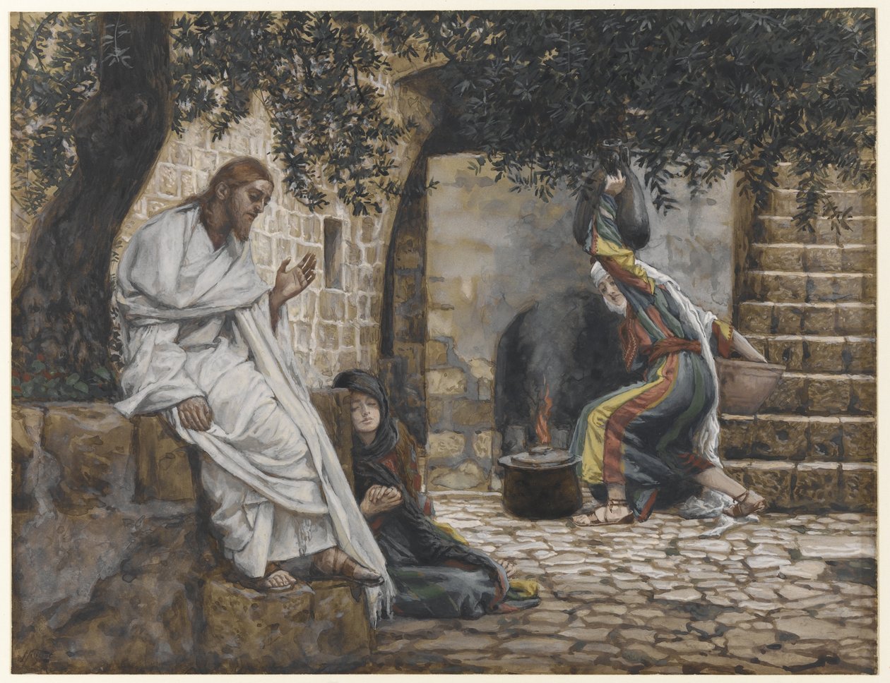 Maria Magdalena u stóp Jezusa, ilustracja z Życia Pana naszego Jezusa Chrystusa, 1886-94 (wc nad grafitem na papierze) autorstwa James Jacques Joseph Tissot