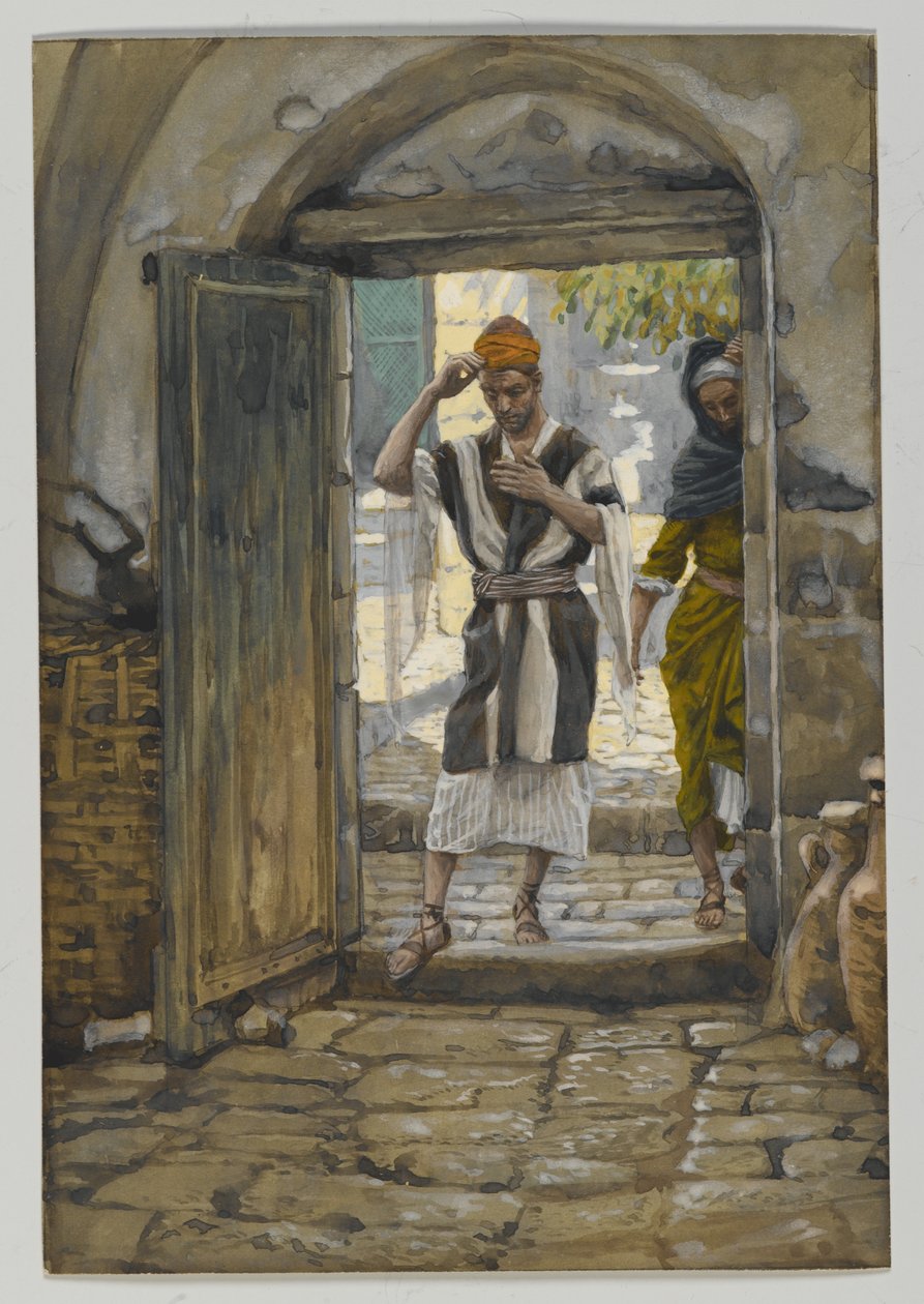 Wchodząc do domu, Pozdrówcie to, ilustracja z Życia naszego Pana Jezusa Chrystusa (wc nad grafitem na papierze) autorstwa James Jacques Joseph Tissot
